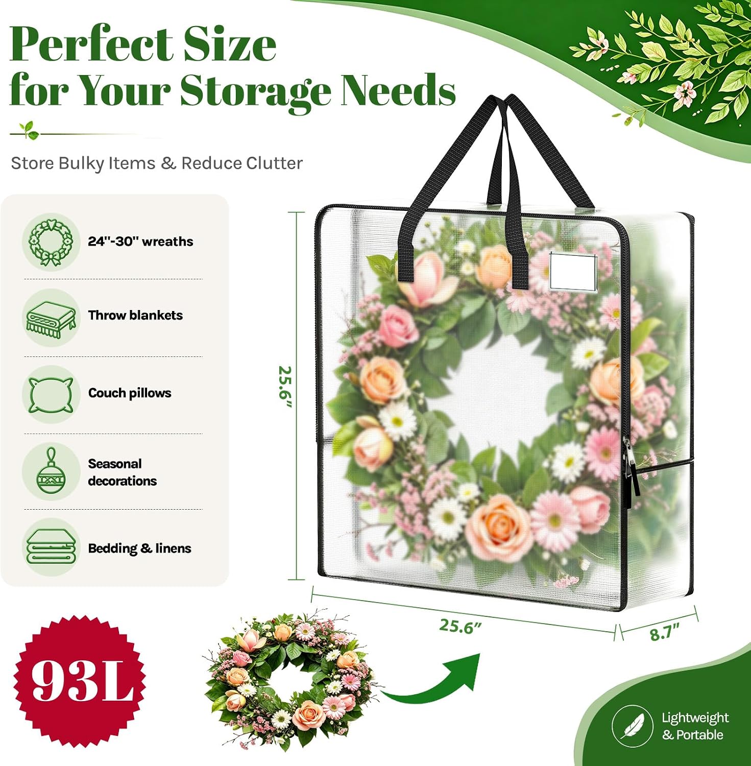 BlessedSeason Wreath Storage Container, 93L Large Clear Christmas Storage Bags for 24 to 30 Inch Artificial Garland, Holiday Decoration Organizer with Sturdy Zippers, Moving Bag for Home (5-Pack)