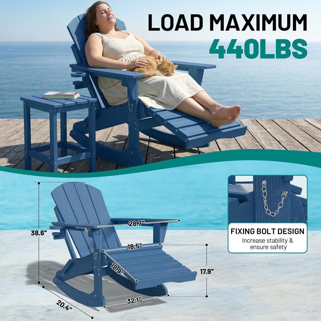 PLUUV Folding Adjustable Adirondack Rocking Chair Set of 2 with Retractable Ottoman and Cup Holders, Outdoor HDPE Adirondack Rocker Patio Chair, Wood-Like Reclining Adirondack Chair, Navy