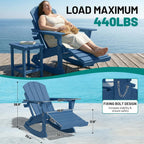 PLUUV Folding Adjustable Adirondack Rocking Chair Set of 2 with Retractable Ottoman and Cup Holders, Outdoor HDPE Adirondack Rocker Patio Chair, Wood-Like Reclining Adirondack Chair, Navy
