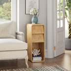 Aoikax Modern Burl Finish End Table with 2 Drawers and Open Storage, Curved Wood Side Table, Narrow Sofa Table, Slim Bedside Table for Living Room or Small Spaces