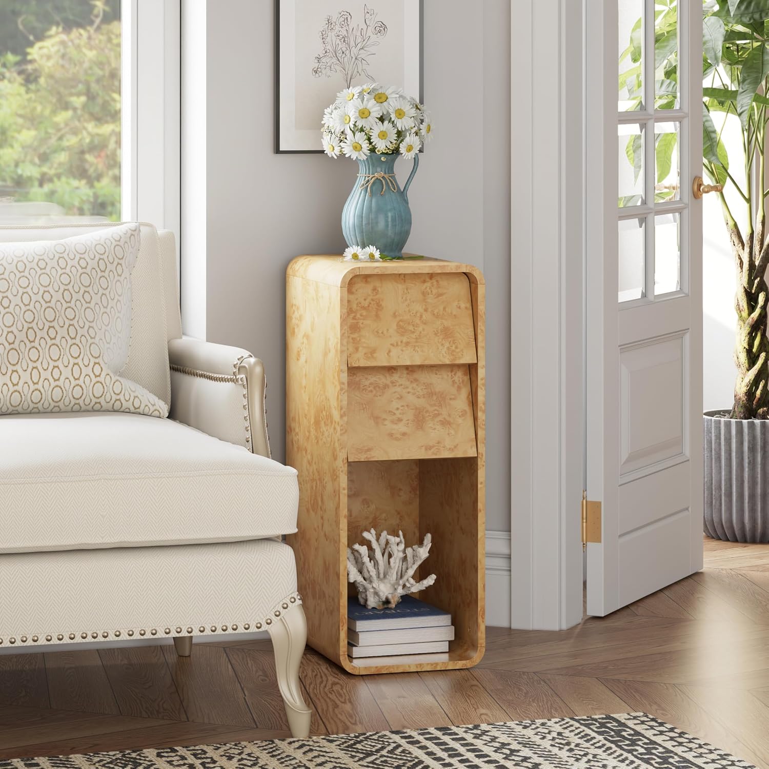 Aoikax Modern Burl Finish End Table with 2 Drawers and Open Storage, Curved Wood Side Table, Narrow Sofa Table, Slim Bedside Table for Living Room or Small Spaces
