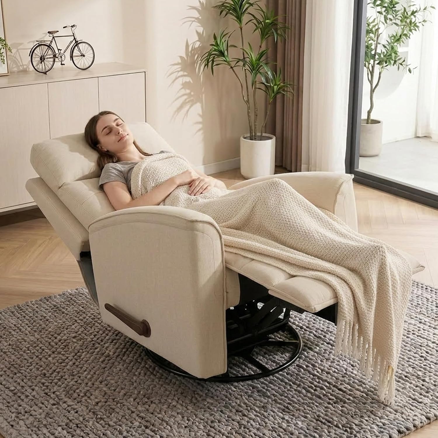 360° Swivel Glider Rocker Recliner Chair, Manual Reclining Sofa for Adults, Nursery Rocking Chiar for Nursery Room, Living Room and Bedroom, Small Recliners for Small Spaces,Beige