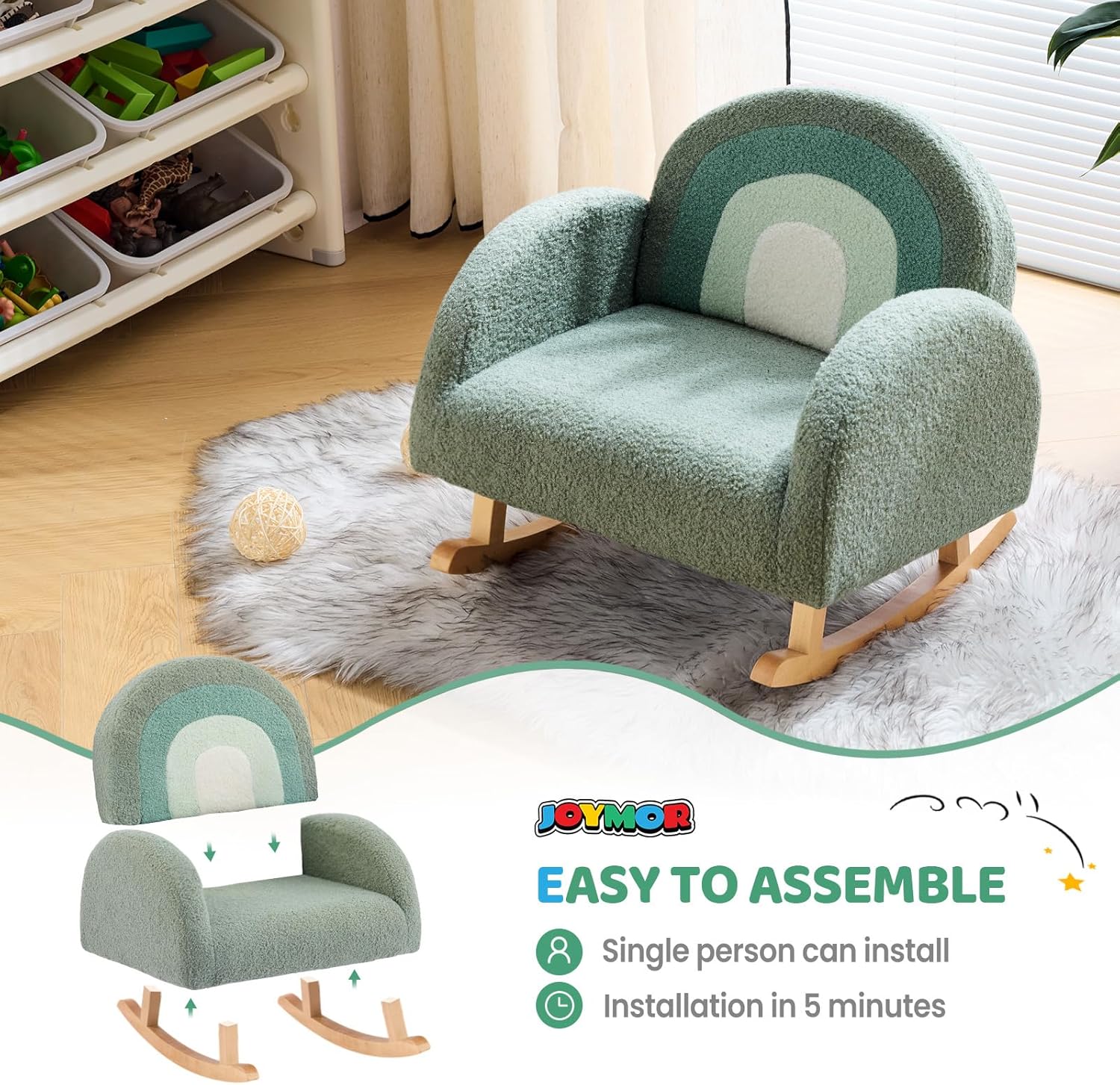 JOYMOR Kids Chair, Teddy Fleece Toddler Rocking Chair with Solid Wood Legs, Anti-Tip Design, Kids Sofa for Nursery, Playroom, Green