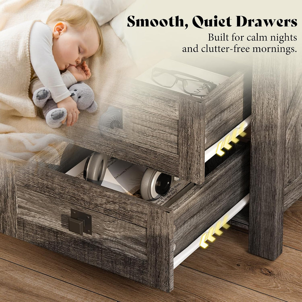 AMERLIFE Farmhouse Wood Nightstand Set of 2, End Table with Drawers, Grey | Narrow/Small 18" Bedside Table with Open Shelf, Wooden Night Stand for Bedroom/Home Office, Rustic Grey Oak