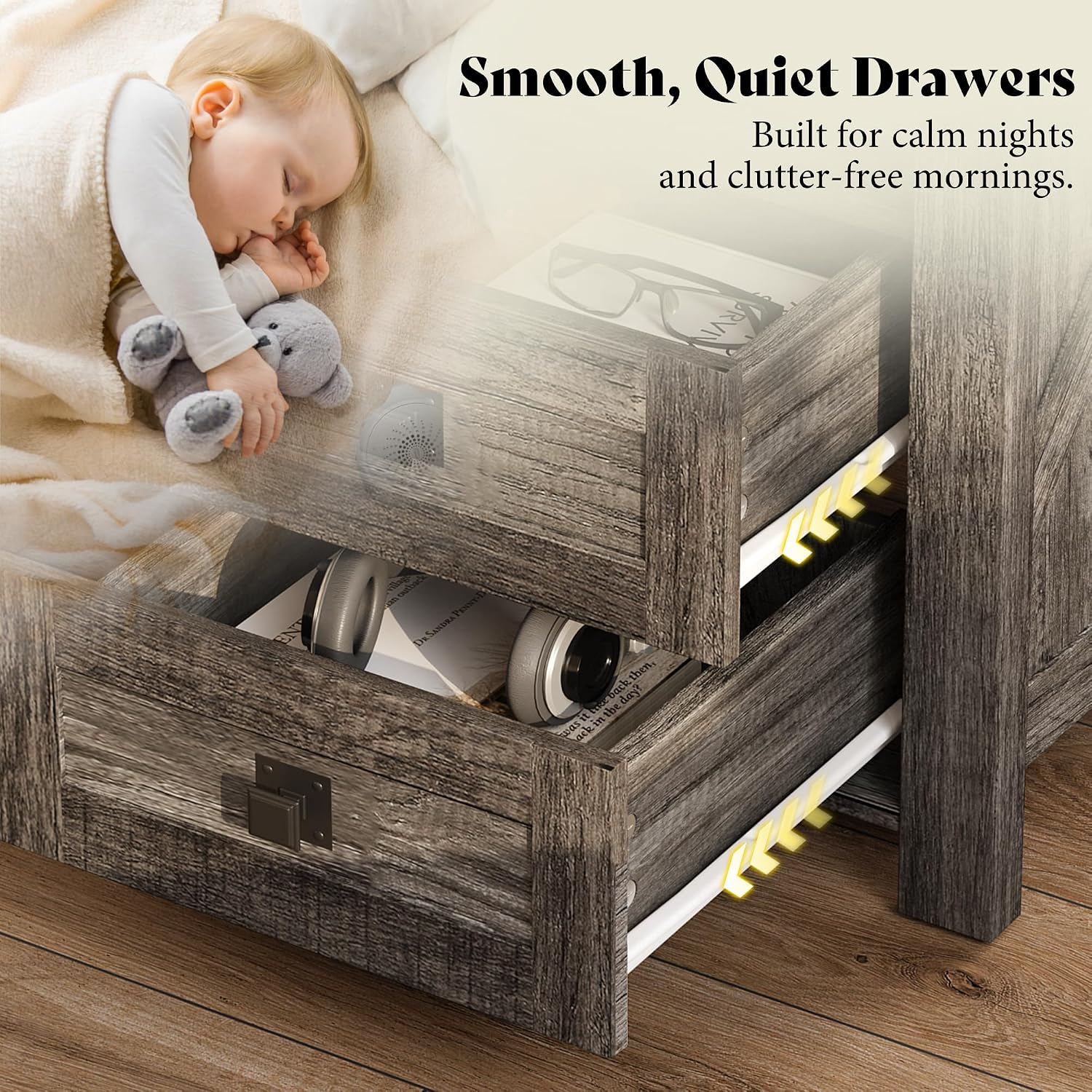 AMERLIFE Farmhouse Wood Nightstand Set of 2, End Table with Drawers, Grey | Narrow/Small 18" Bedside Table with Open Shelf, Wooden Night Stand for Bedroom/Home Office, Rustic Grey Oak