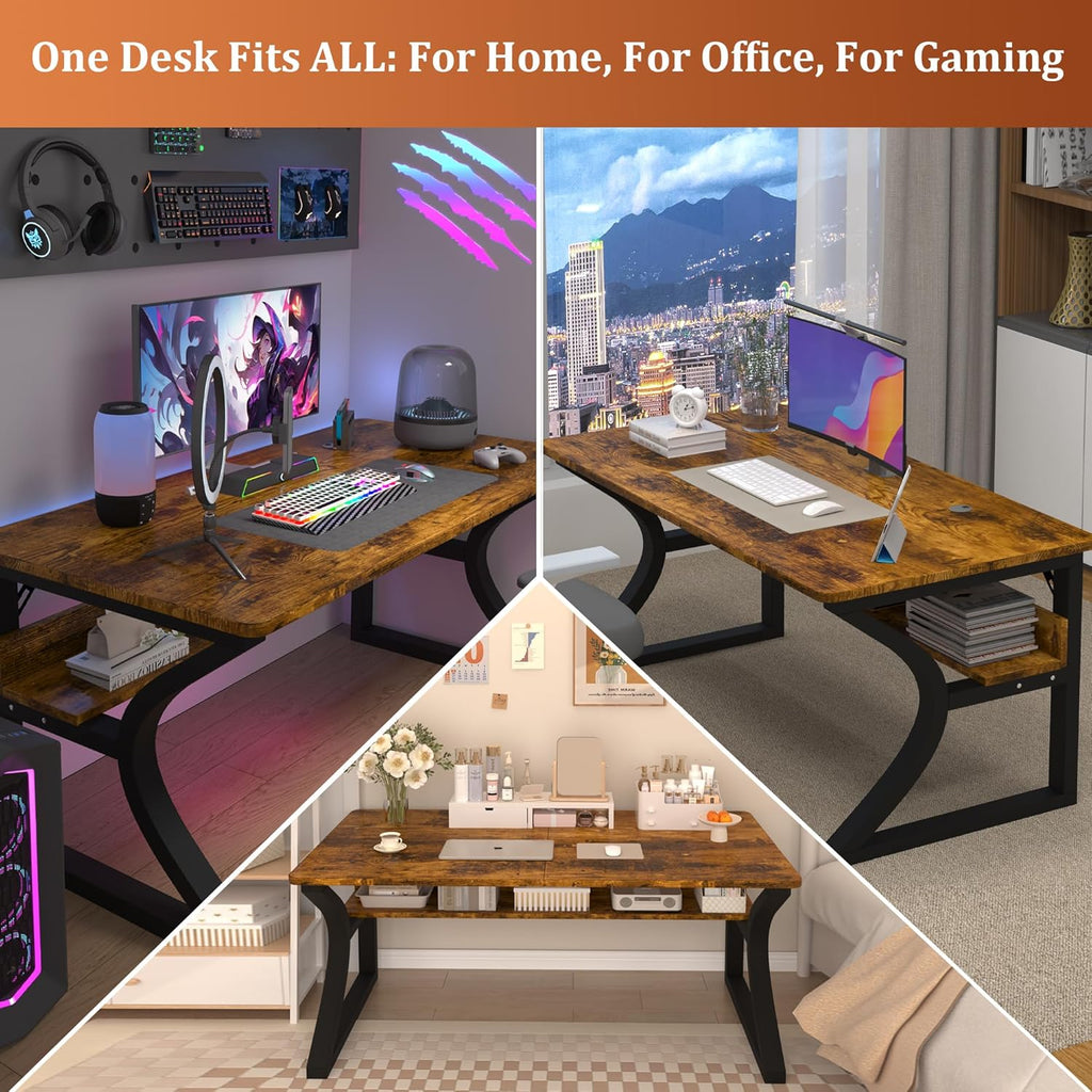 AZN Computer Desk, 47x24 in Computer Desk, Office Desk w/Storage & U-Size Metal Frame for Home Office Bedroom Gaming, Office Desk w/Water-Resistant, Scratchproof Surface, Brown