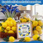 Norme 63 Pcs Artificial Lemon Decoration for Home Centerpiece, Faux Yellow Lemons, Artificial Fake Lemon Leaves and Wooden Desktop Sign Decor for Home, Kitchen, Party Decor, Photography Props