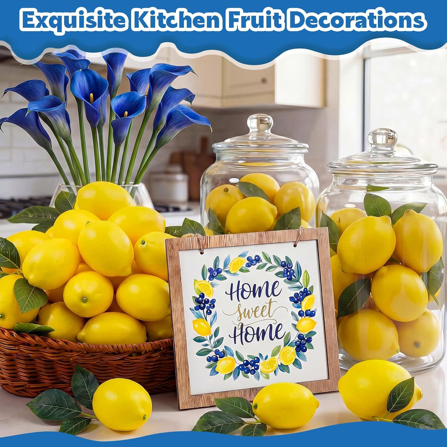Norme 63 Pcs Artificial Lemon Decoration for Home Centerpiece, Faux Yellow Lemons, Artificial Fake Lemon Leaves and Wooden Desktop Sign Decor for Home, Kitchen, Party Decor, Photography Props