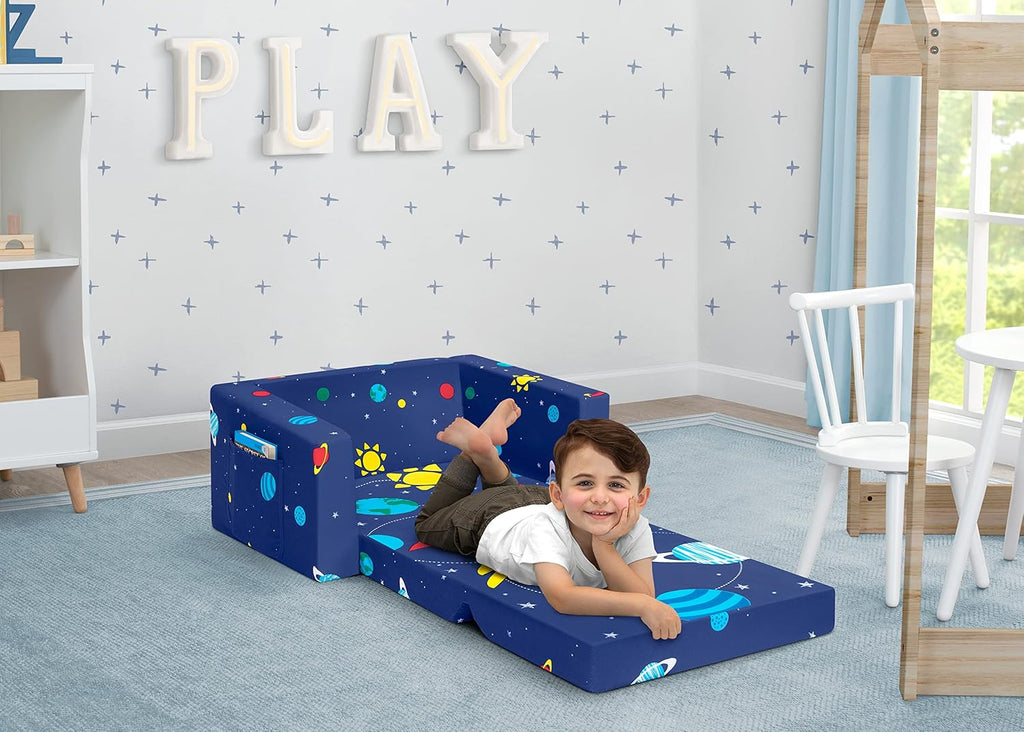 Delta Children Cozee Kids Couch 2-Seater Kids Sofa, Convertible 2-in-1 Flip Open Toddler Couch Sleeper, Foam Chair for Playroom & Bedroom, Bed Lounger, Comfy Play Sleeping Lounge Chair, Space Theme