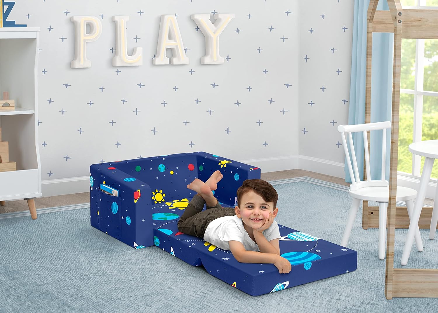 Delta Children Cozee Kids Couch 2-Seater Kids Sofa, Convertible 2-in-1 Flip Open Toddler Couch Sleeper, Foam Chair for Playroom & Bedroom, Bed Lounger, Comfy Play Sleeping Lounge Chair, Space Theme