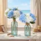 Chuangdi Set of 2 Coastal Glass Vases for Flowers TSITP Flower Vase with Boho Rope Small Sea Glass Jar Nautical Beach Bottle for Wedding Table Centerpieces Floral Arrangement Decor(Light Blue)