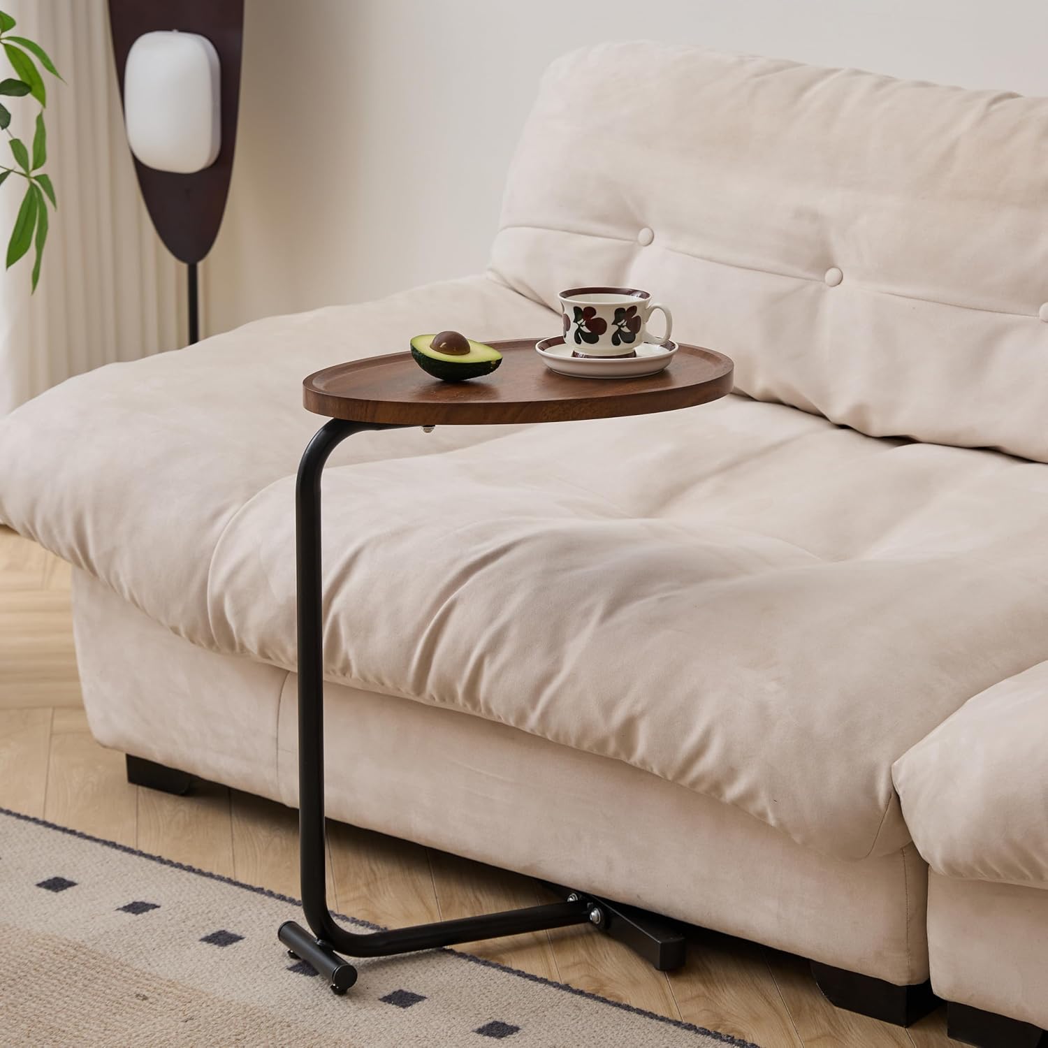 C-Shaped Side Table, Modern Minimalist Wooden Tray End Table, Mobile Snack Table with Wheels for Sofa, Coffee Cup & Fruit Stand