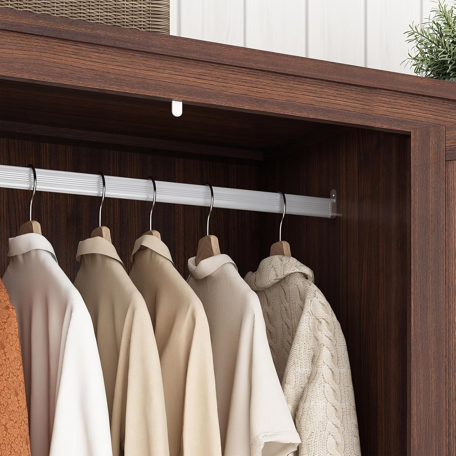 Hlivelood 3 Doors Wardrobe Armoire Closet with Doors and Drawers, Farmhouse Wooden Armoire Storage Cabinet with Shelves & Hanging Rod for Bedroom, Brown