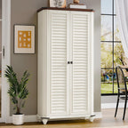 DWVO 4-Tier Storage Cabinet with 2 Shutter Doors, Farmhouse Kitchen Pantry Cabinet with Adjustable Shelves, Wooden Cabinet for Kitchen, Dining Room, Living Room, Office, Rustic White