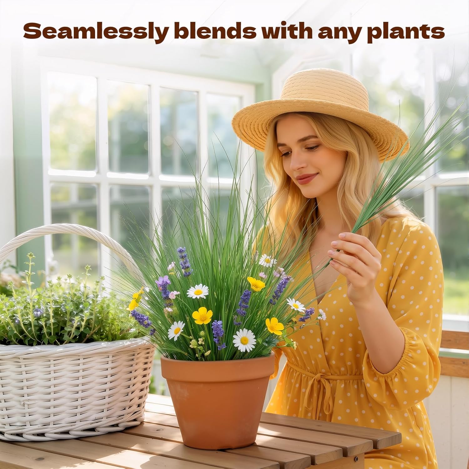 Sweetyear 12Pcs Artificial Plants Outdoor, 21" Fake Shrubs Wheat Grass, Greenery Stems Onion Grass, UV Resistant Faux Tall Grass Plants for Garden Porch Window Box Indoor Home Decor (Green)