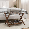 Smart FENDEE 26.77“ Fully Assembled Dark Walnut Luggage Racks with Folable Storage Shelf, 5 Heavy-Duty Straps Bamboo Suitcase Stand, Luggage Holders for Guest Room, Bedroom, Hotel