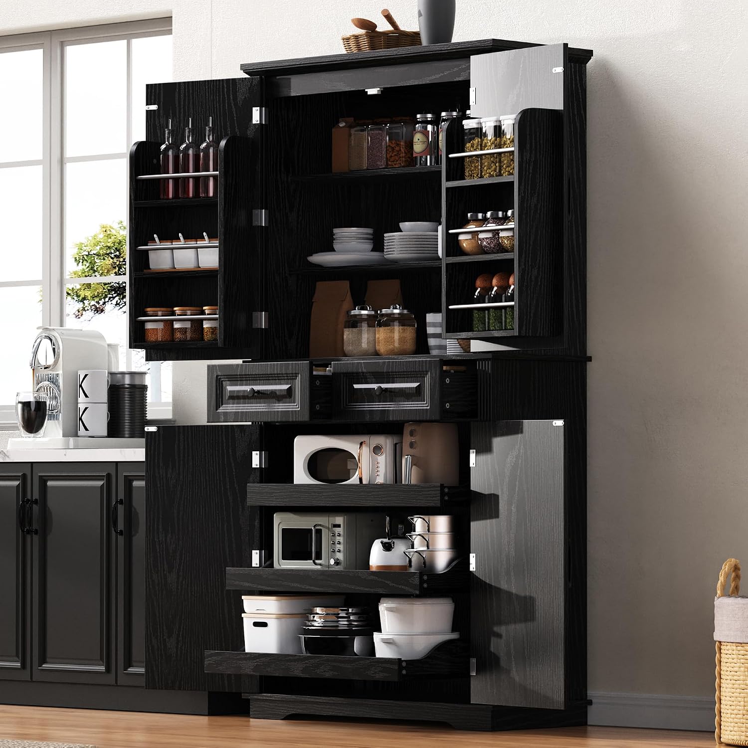 71" Tall Kitchen Pantry Cabinet, Freestanding Storage Cabinet with 3 Pull-Out Cabinet Organizers 6 Door Storage Shelves 2 Drawers, Farmhouse Embossed Texture Cupboard for Kitchen, Black