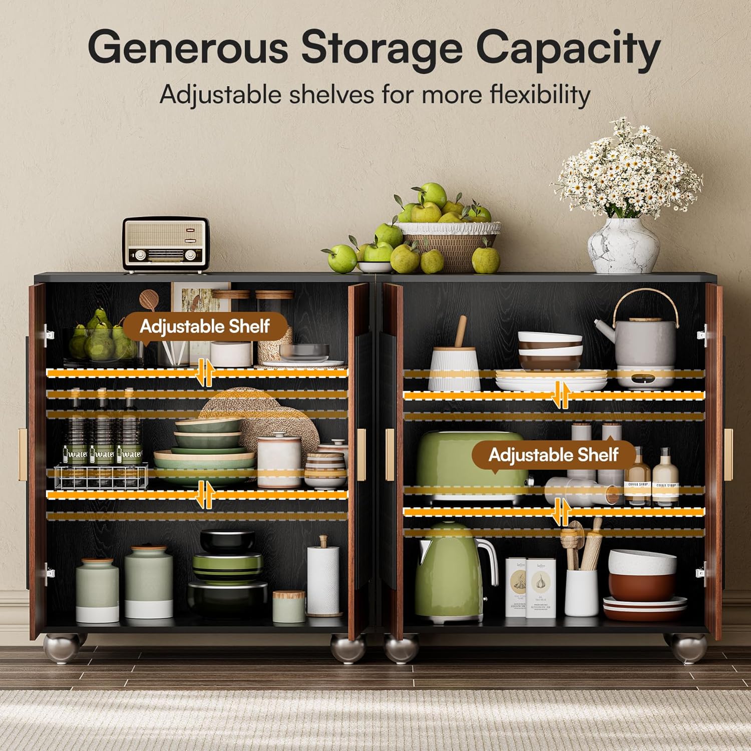 29" Fluted Modular Buffet Cabinet with Arched Doors & Gold Handles, Mid Century Modern Sideboard Credenza Storage with Adjustable Shelves, Wood Coffee Bar Console Table for Dining Living Room