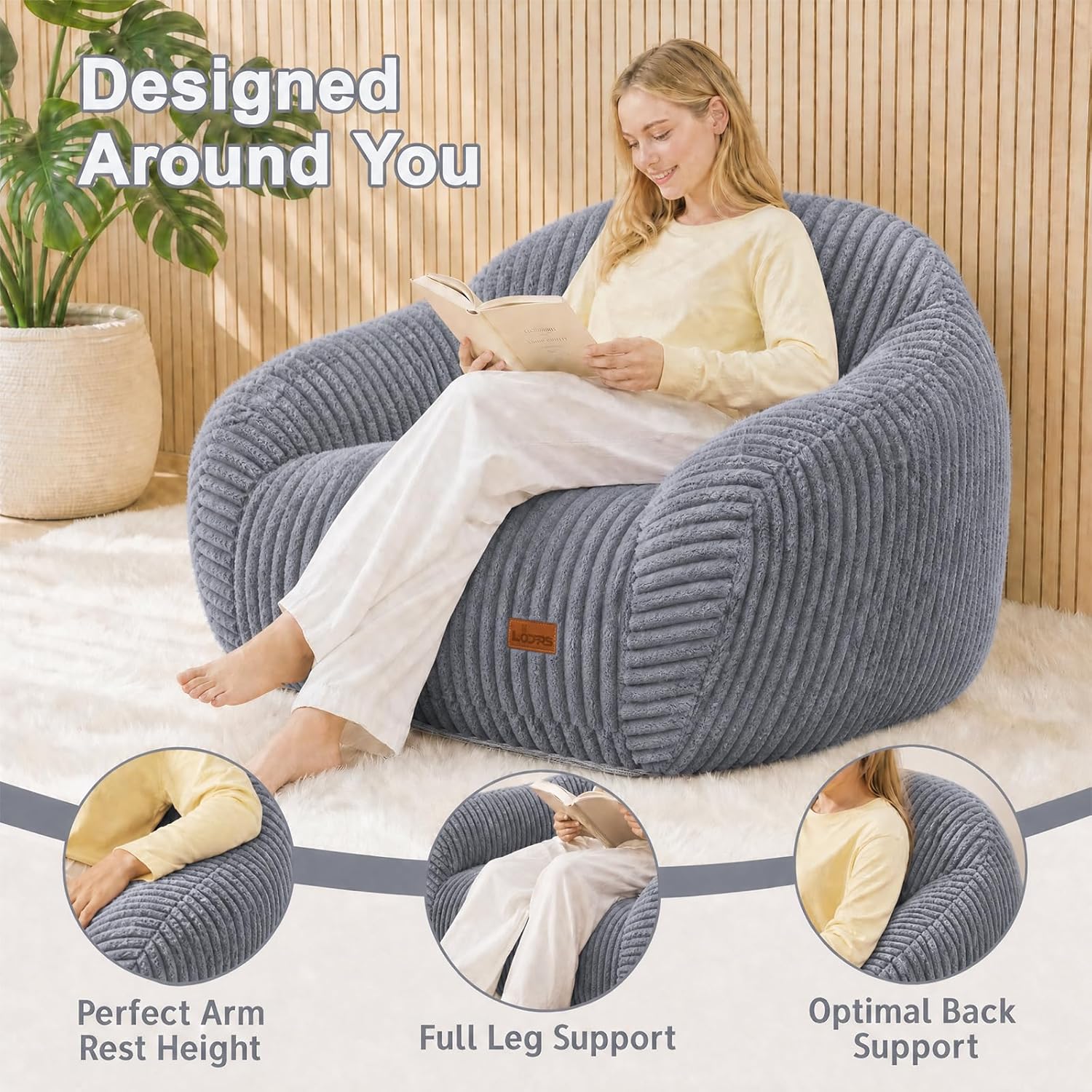 Bean Bag Chair with Armrests, Comfy Corduroy Bean Bag with Removable Cover, Handle for Adults, Oversized Floor Beanbag Couch for Living Room Bedroom Dorm (XL-Gray)