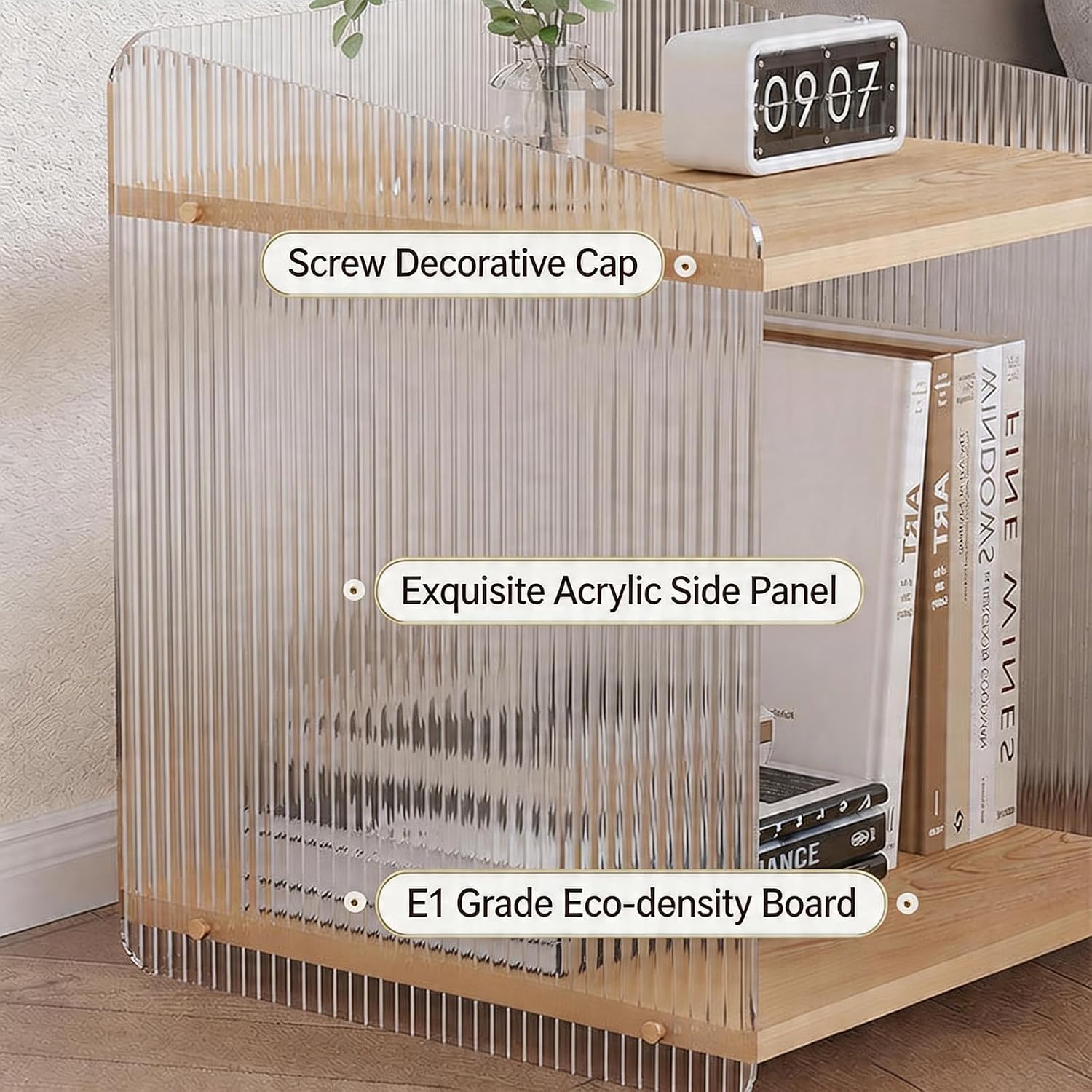Acrylic and Wood End Table with 2-Tier Storage, Side Table for Couch Dinner Coffee Drink Table TV Snack Tray Modern Minimalist Nightstand for Living Room, 18.9 Inch, Clear (Wood)