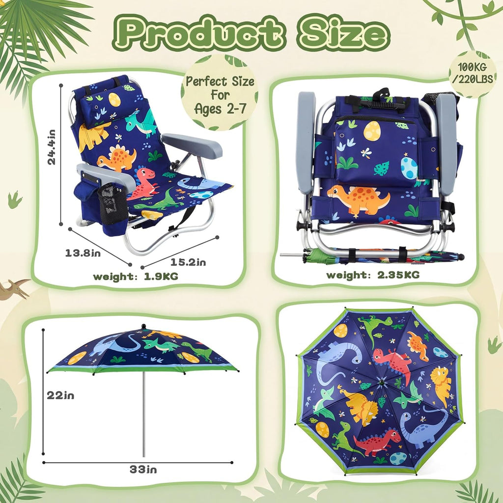 Yalikop Kids Beach Chair with 4 Positions Seaside Beach Chair with Umbrella Kids Folding Camping Seating for Boy Girls Children Sand Camping Travel Outdoor Summer Supply(Dinosaur Theme)