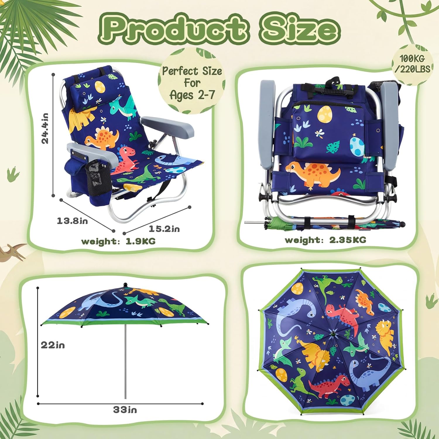 Yalikop Kids Beach Chair with 4 Positions Seaside Beach Chair with Umbrella Kids Folding Camping Seating for Boy Girls Children Sand Camping Travel Outdoor Summer Supply(Dinosaur Theme)