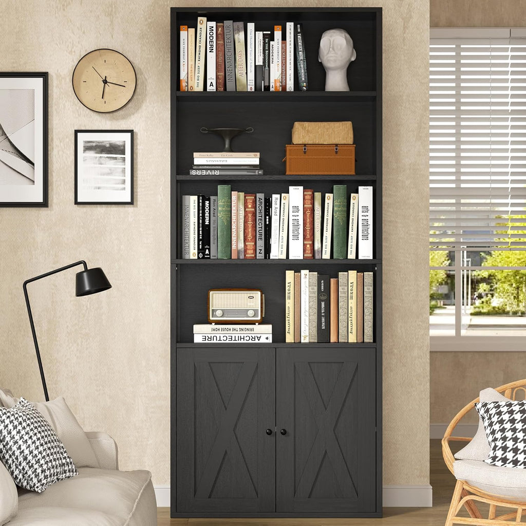 Modern Bookshelf with Doors, Industrial Bookshelves with 6-Tier Shelf, 71 inches Tall Bookcase Display Cabinet with Storage for Home Office, Black