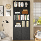 Modern Bookshelf with Doors, Industrial Bookshelves with 6-Tier Shelf, 71 inches Tall Bookcase Display Cabinet with Storage for Home Office, Black