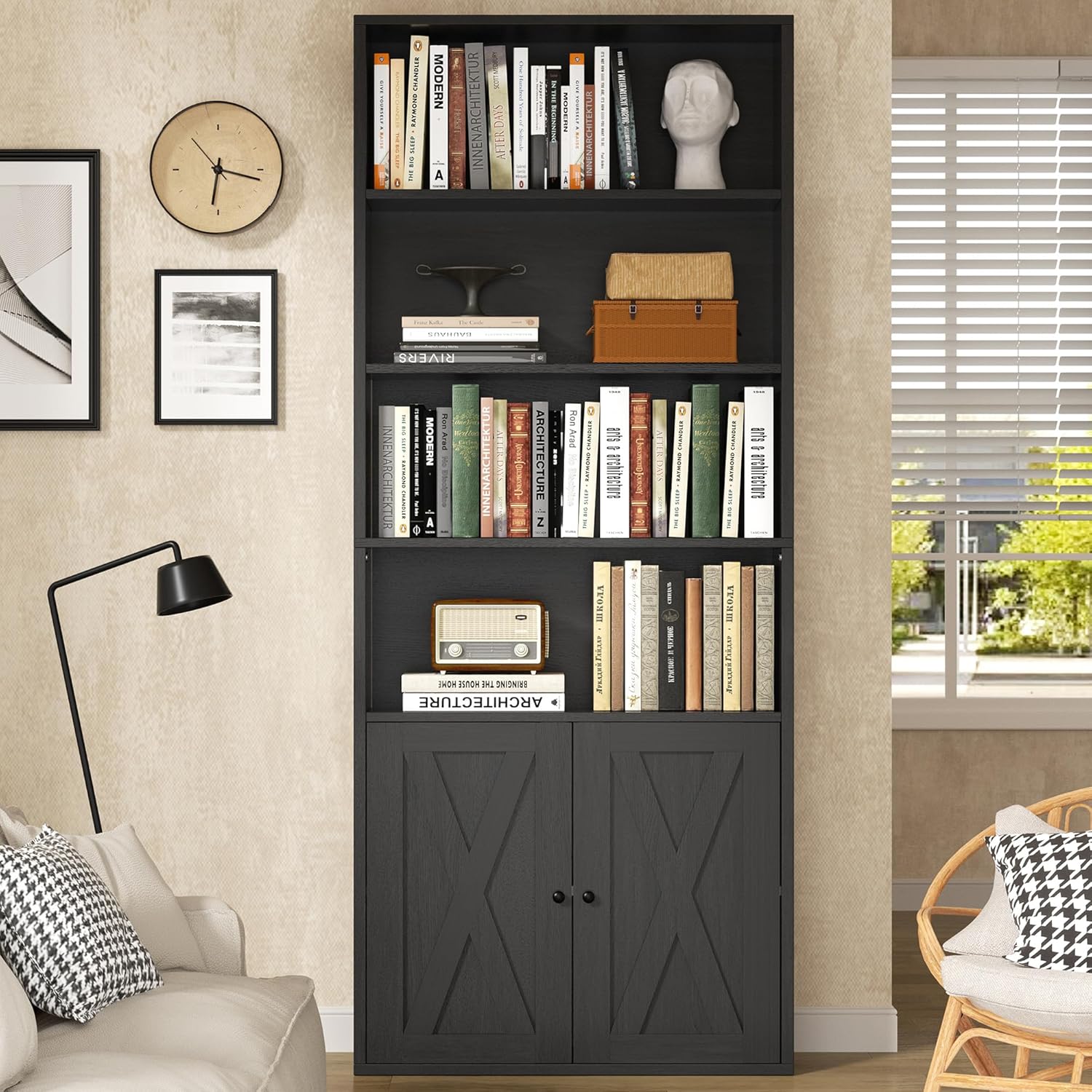 Modern Bookshelf with Doors, Industrial Bookshelves with 6-Tier Shelf, 71 inches Tall Bookcase Display Cabinet with Storage for Home Office, Black