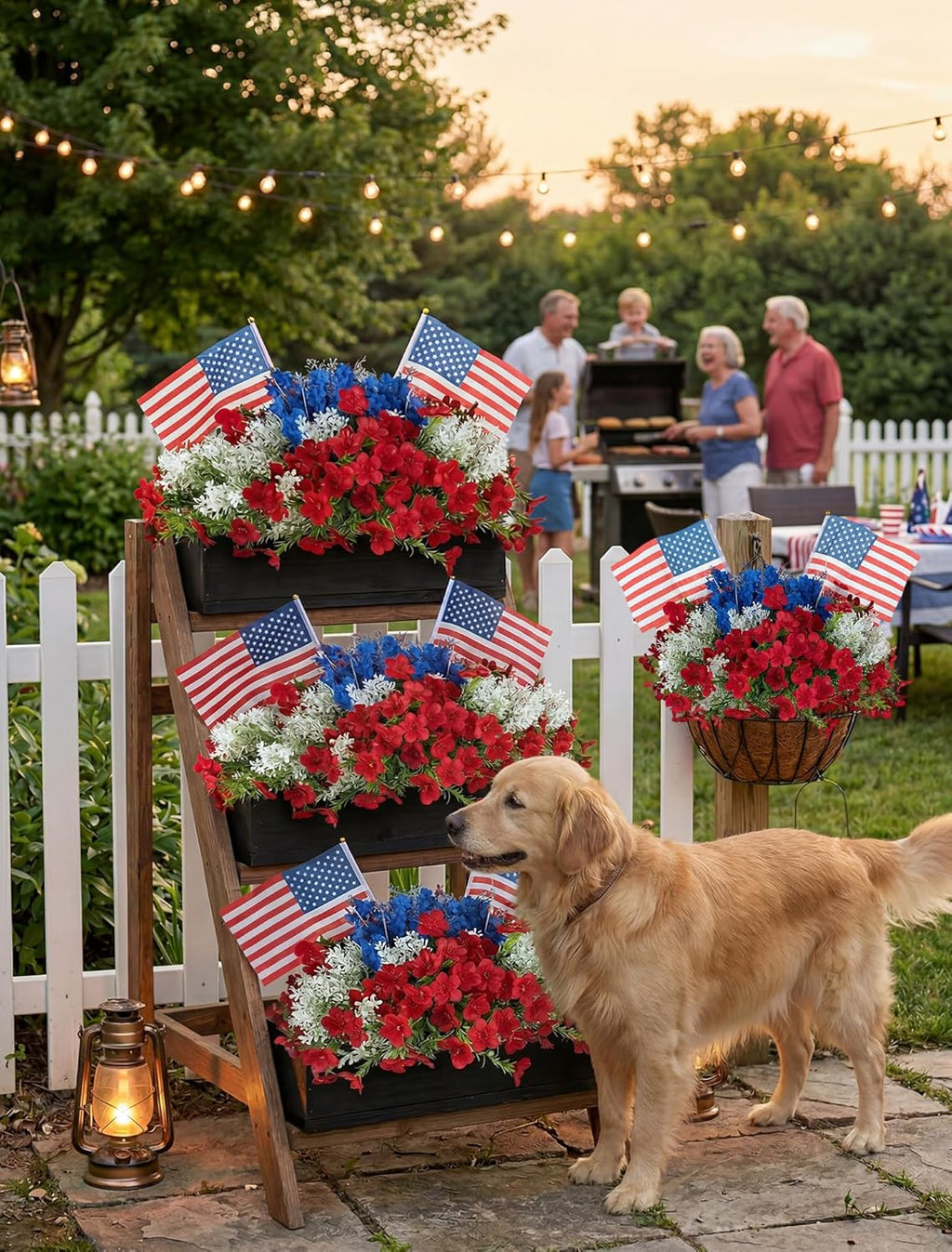 BLOSMON 4th of July Flowers for Porch: 12 Pcs Red White and Blue Fake Flower with Flag for Outdoors Planters - Patriotic Artificial Floral Plants America 250 Anniversary Outside Window Box Decoration