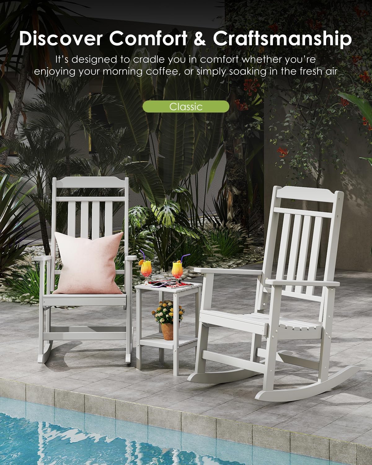 GREENVINES Outdoor-Rocking-Chairs-Set-of-2 | HDPE Plastic | Patio Rockers | Porch Rocker Chair | Oversized | High Back | Big & Tall | White