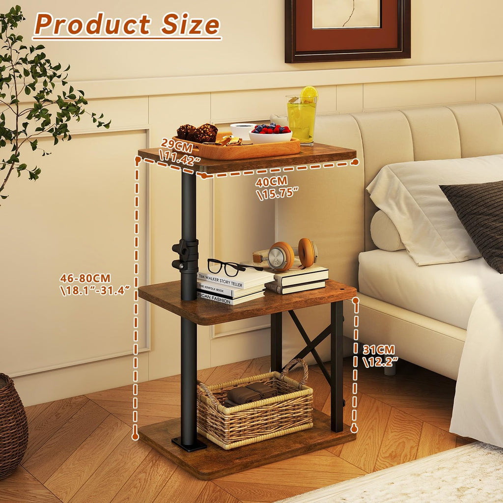 IBUYKE 360° Swivel Height Adjustable Side Table, C Shaped End Table for Small Spaces Sofa/Bed, with Storage Shelf, 3-Tier Night Stand for Living Room, Bedroom,Retro Brown UTVT006H