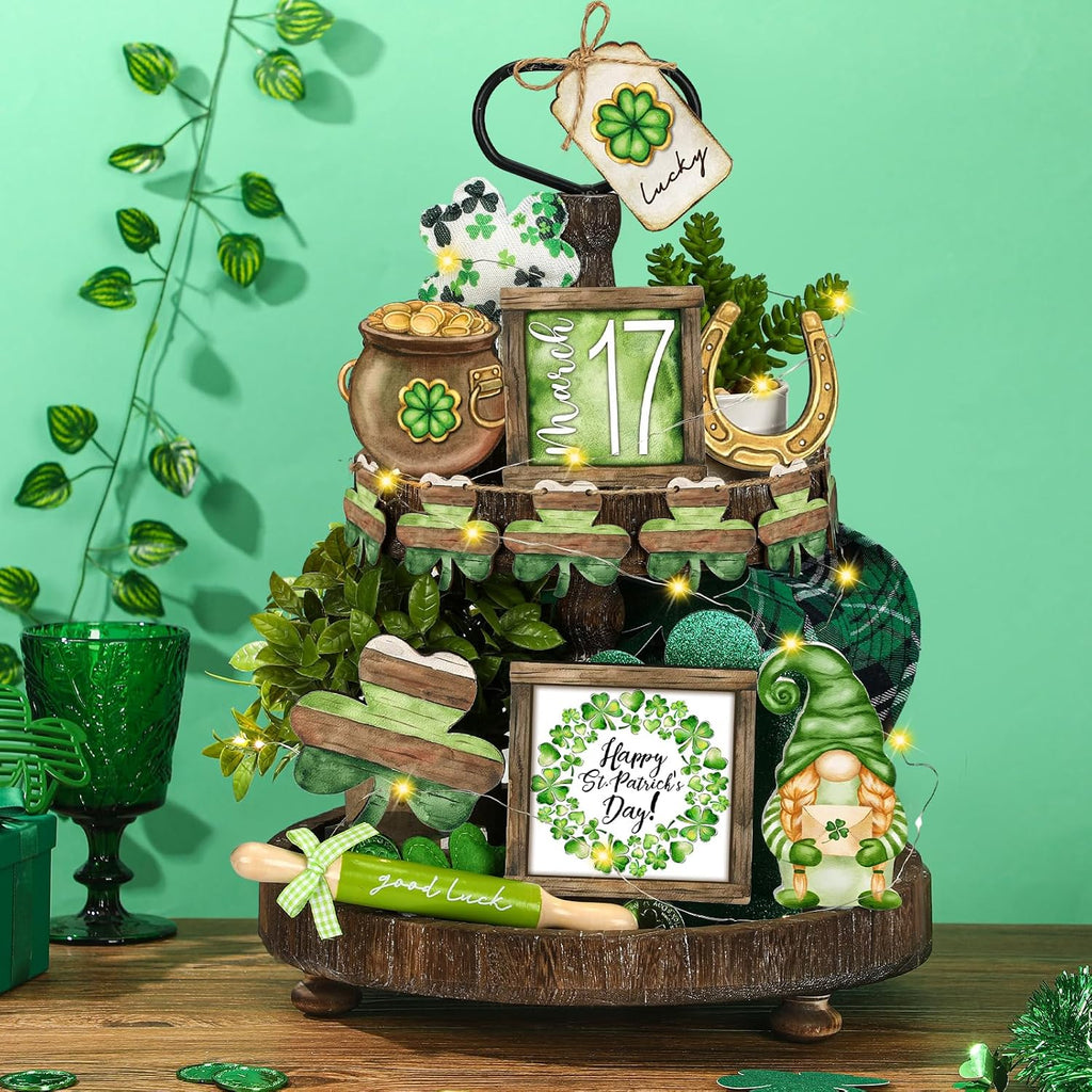 FairySandy St. Patrick's Day Retro Tiered Tray Decor Shamrock Wooden Tier Tray Decor Irish Vintage Green Shamrock Gnome Leprechaun Rustic Farmhouse Wood Sign Tabletop for Saint Patricks Day Decoration