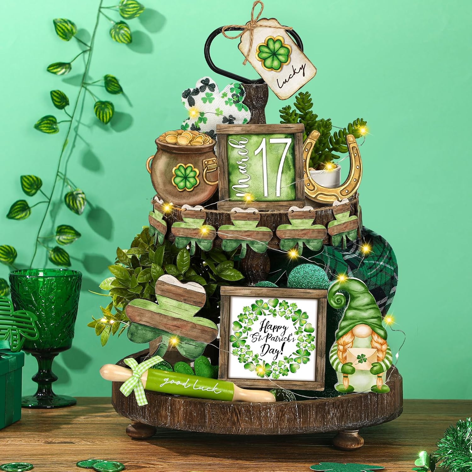 FairySandy St. Patrick's Day Retro Tiered Tray Decor Shamrock Wooden Tier Tray Decor Irish Vintage Green Shamrock Gnome Leprechaun Rustic Farmhouse Wood Sign Tabletop for Saint Patricks Day Decoration