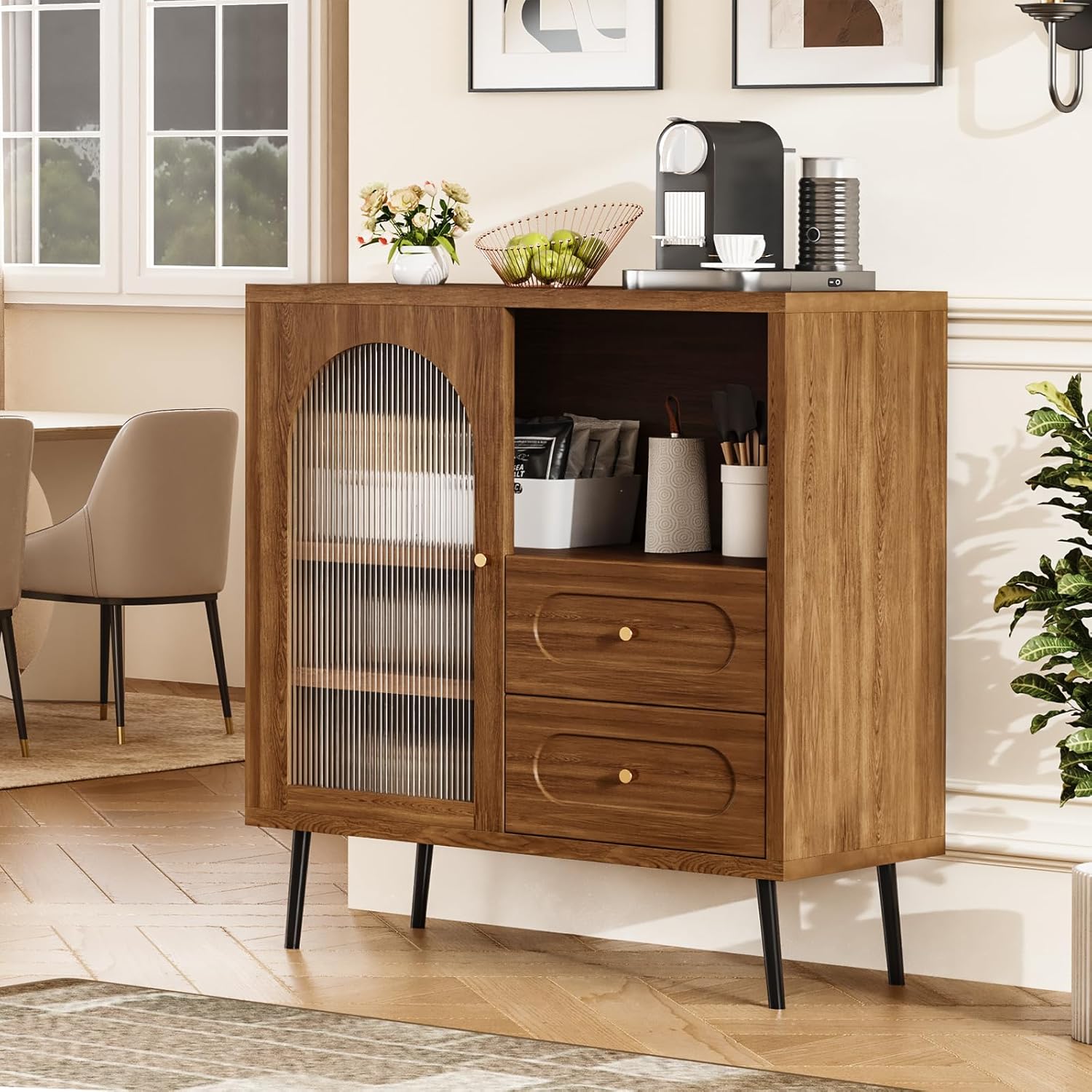 Wood Sideboard Cabinet - Slim Side Board Buffet Cabinet with Storage, Small Accent Credenza with Drawers and Door, Modern Coffee Bar Table for Kitchen, Dining Room, Entryway, Living Room