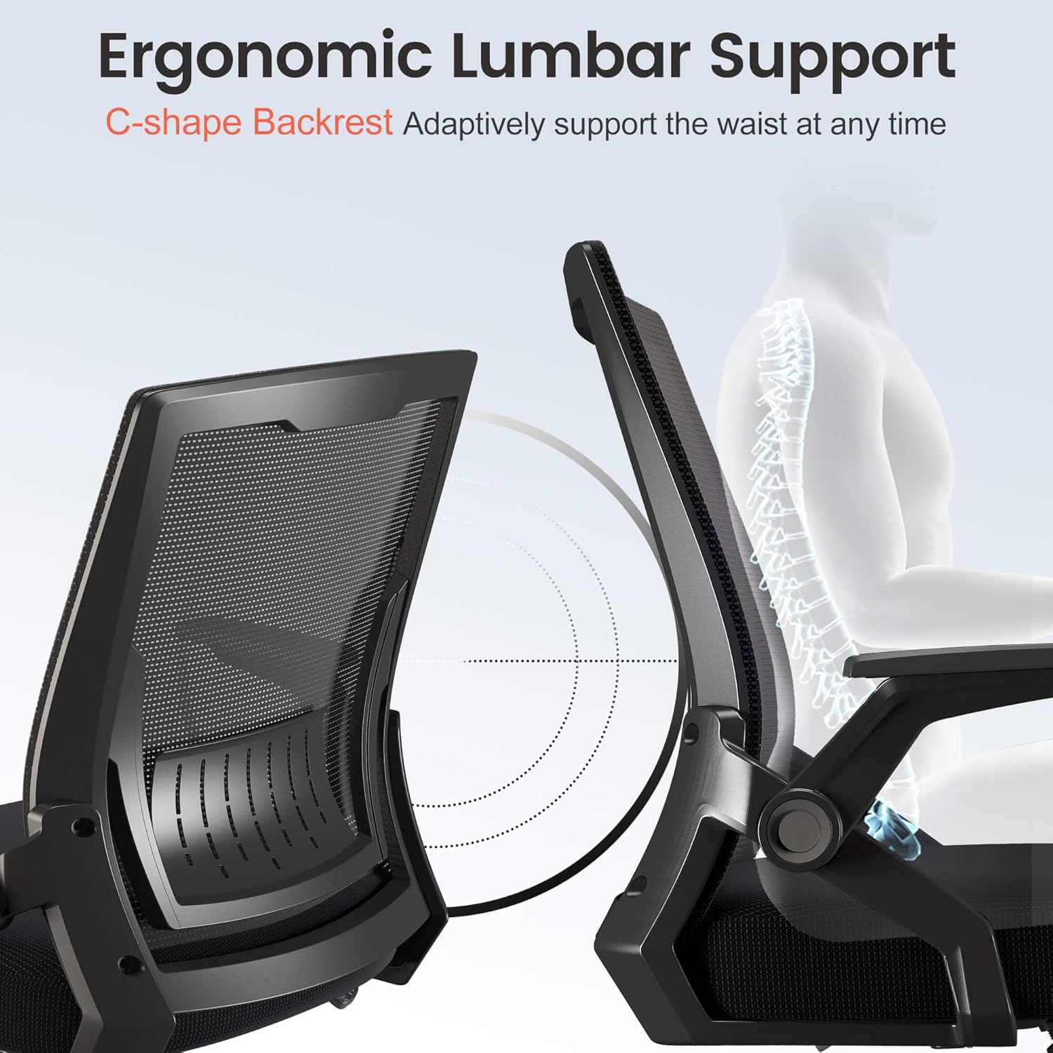 COMHOMA Office Chair with Flip-up Armrests Ergonomic Computer Desk Chair with Adaptive Lumbar Support & Breathable Mesh, Black