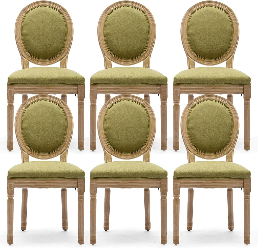 Linen Upholstered Dining Chairs Set of 6 French Country Oval Fabric Back Kitchen Side Chair with Wood Legs for Dining Room, Kitchen, Restaurant(Olive Green-Fabric)