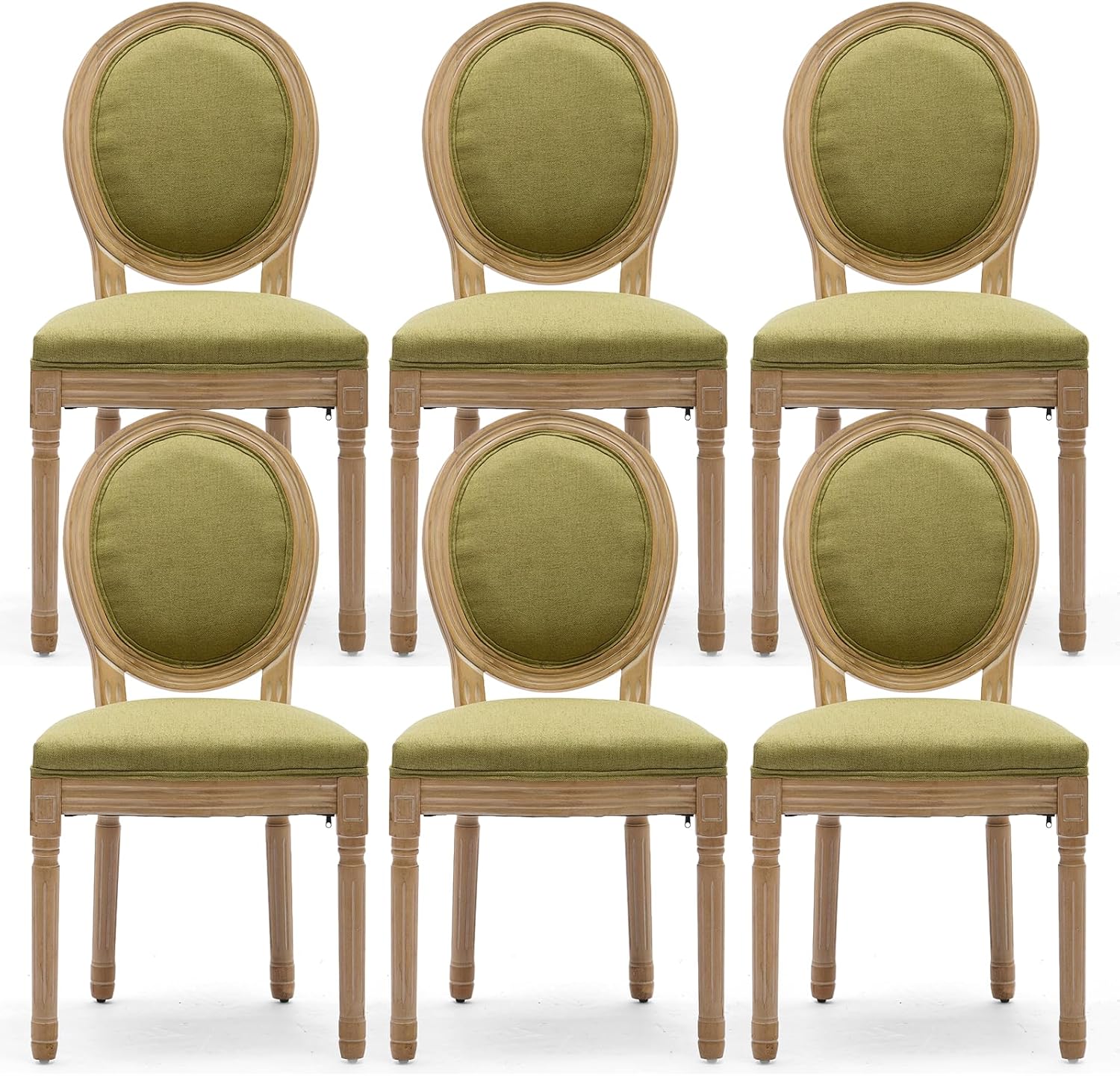 Linen Upholstered Dining Chairs Set of 6 French Country Oval Fabric Back Kitchen Side Chair with Wood Legs for Dining Room, Kitchen, Restaurant(Olive Green-Fabric)