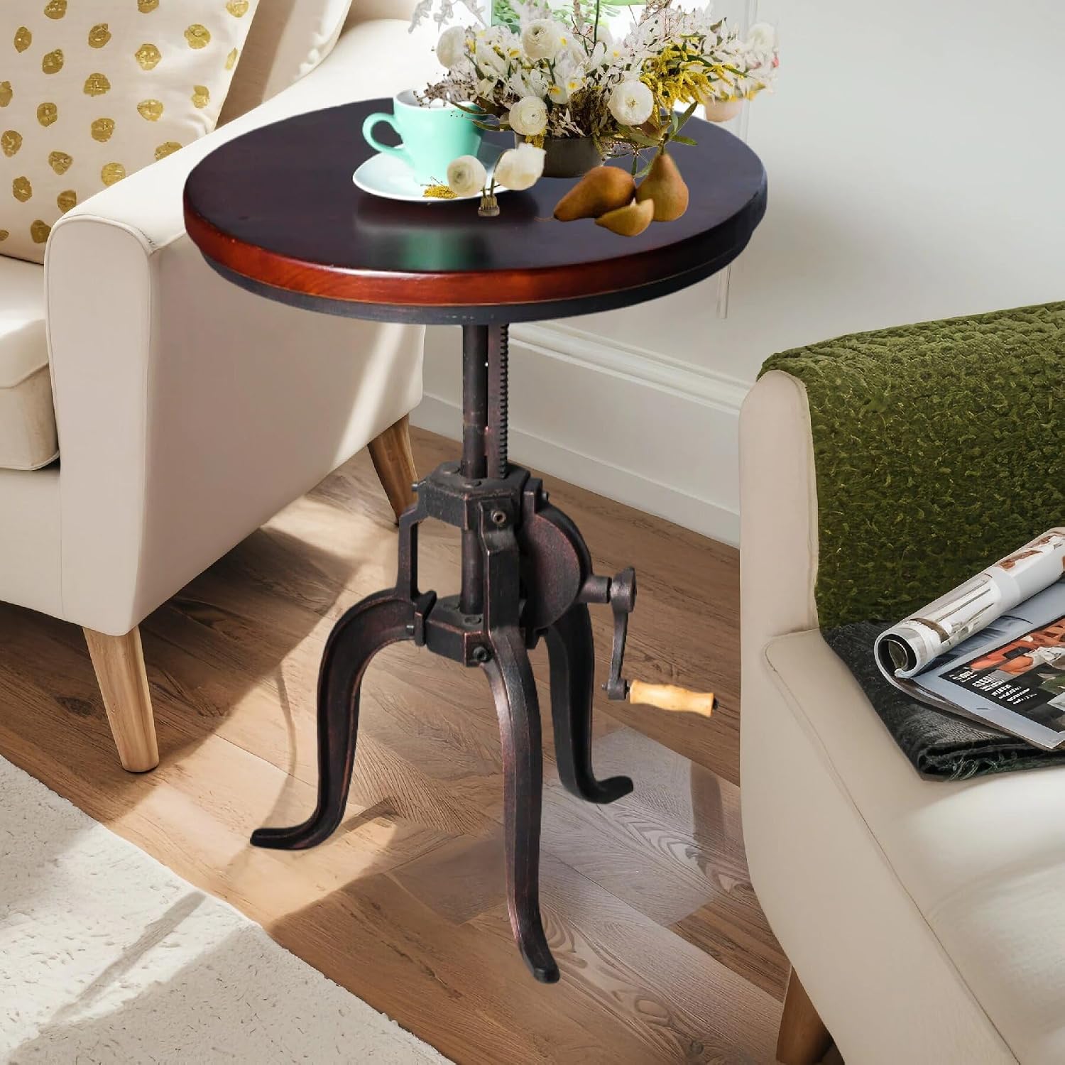 Topower Industrial Retro Side Table Antique Mechanic Crank Height Ajustable Black Walnut Wood Top Three-Legged Farmhouse Accent End Table Copper
