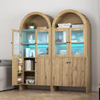 LED Tall Arched Top Food Cabinet, Fluted Kitchen Pantry with Adjustable RGB Lighting, 69" Tall Freestanding Wood Kitchen Storage with Adjustable Shelves, Modern Nordic Style Storage Organizer (Wood)