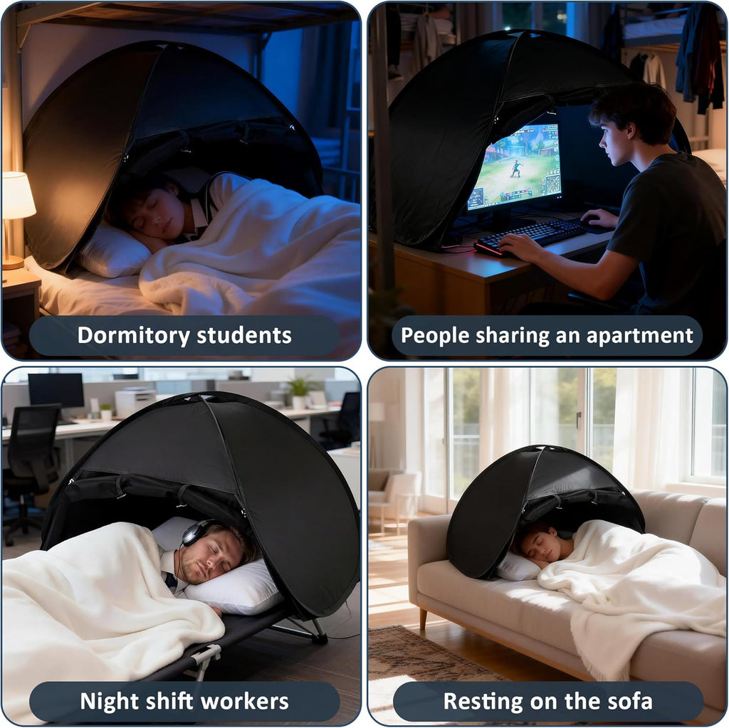 Blackout Bed Tent for Adults — Light-Blocking Sleep Bed Tent, Portable Privacy Shade for Night-Shift Workers, Dorm & Travel, Fits Queen Pillow, Mesh Vents, Indoor