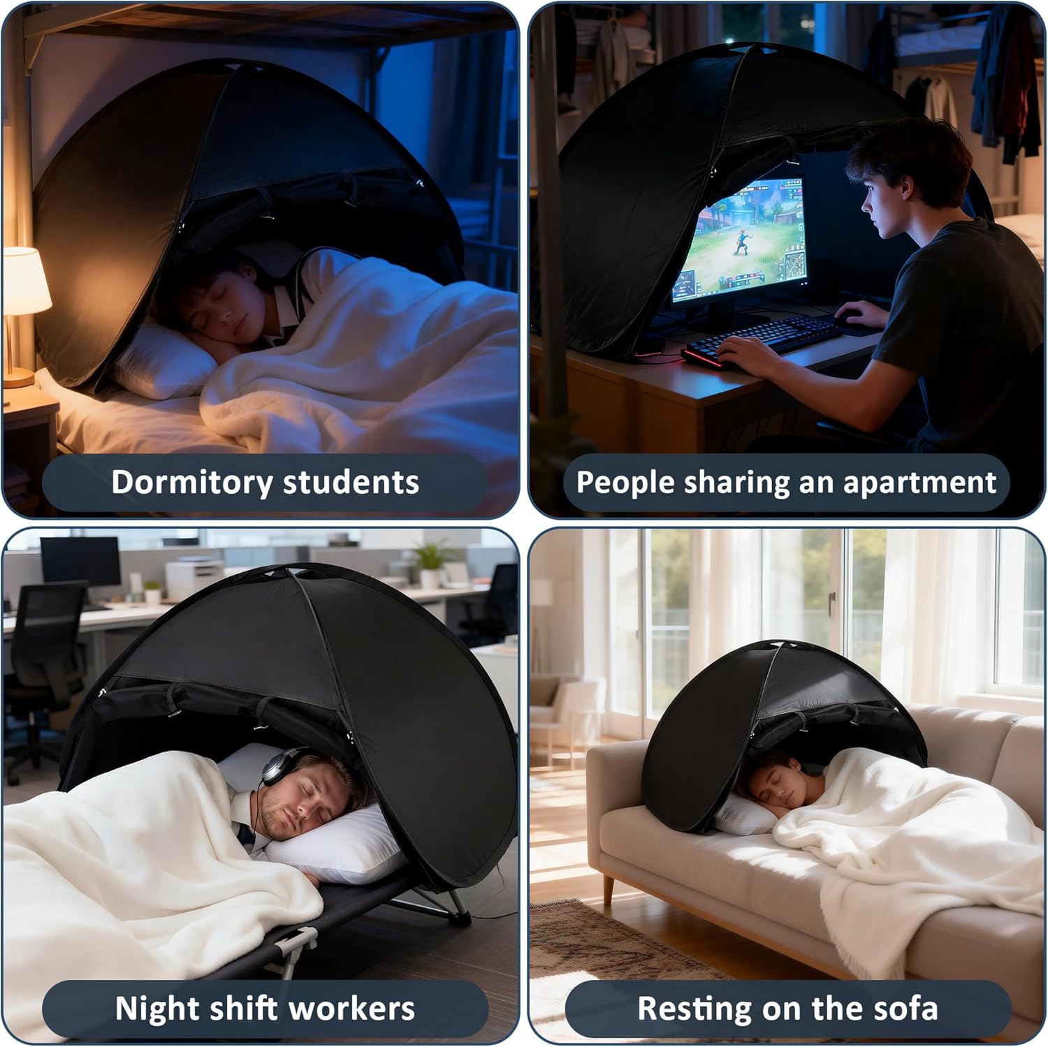Blackout Bed Tent for Adults — Light-Blocking Sleep Bed Tent, Portable Privacy Shade for Night-Shift Workers, Dorm & Travel, Fits Queen Pillow, Mesh Vents, Indoor