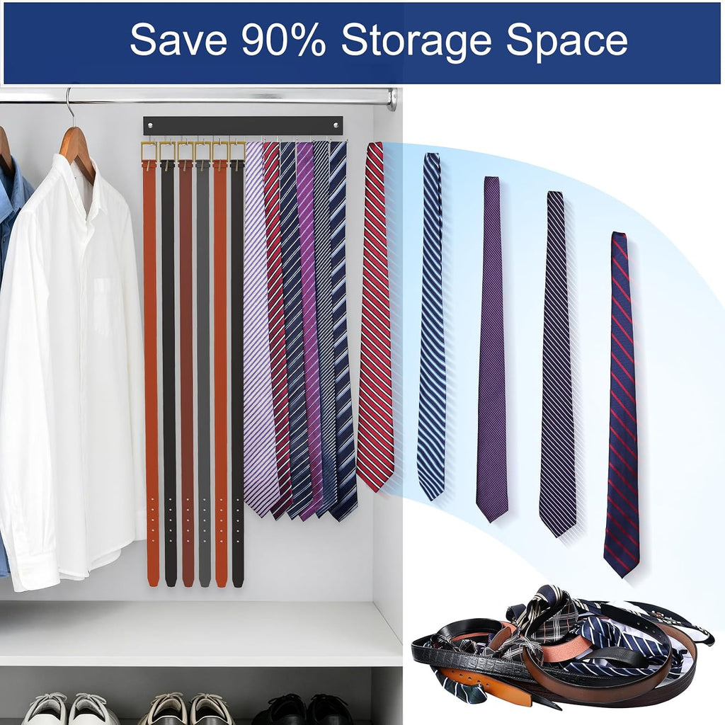 2 Pack Belt Hanger Wall Mount, Large Capacity Tie and Belt Organizer for Wall with 24 180°Rotating Non Slip Hooks, Heavy-Duty Wooden Tie Rack Space Saving Closet Organizers and Storage, Black