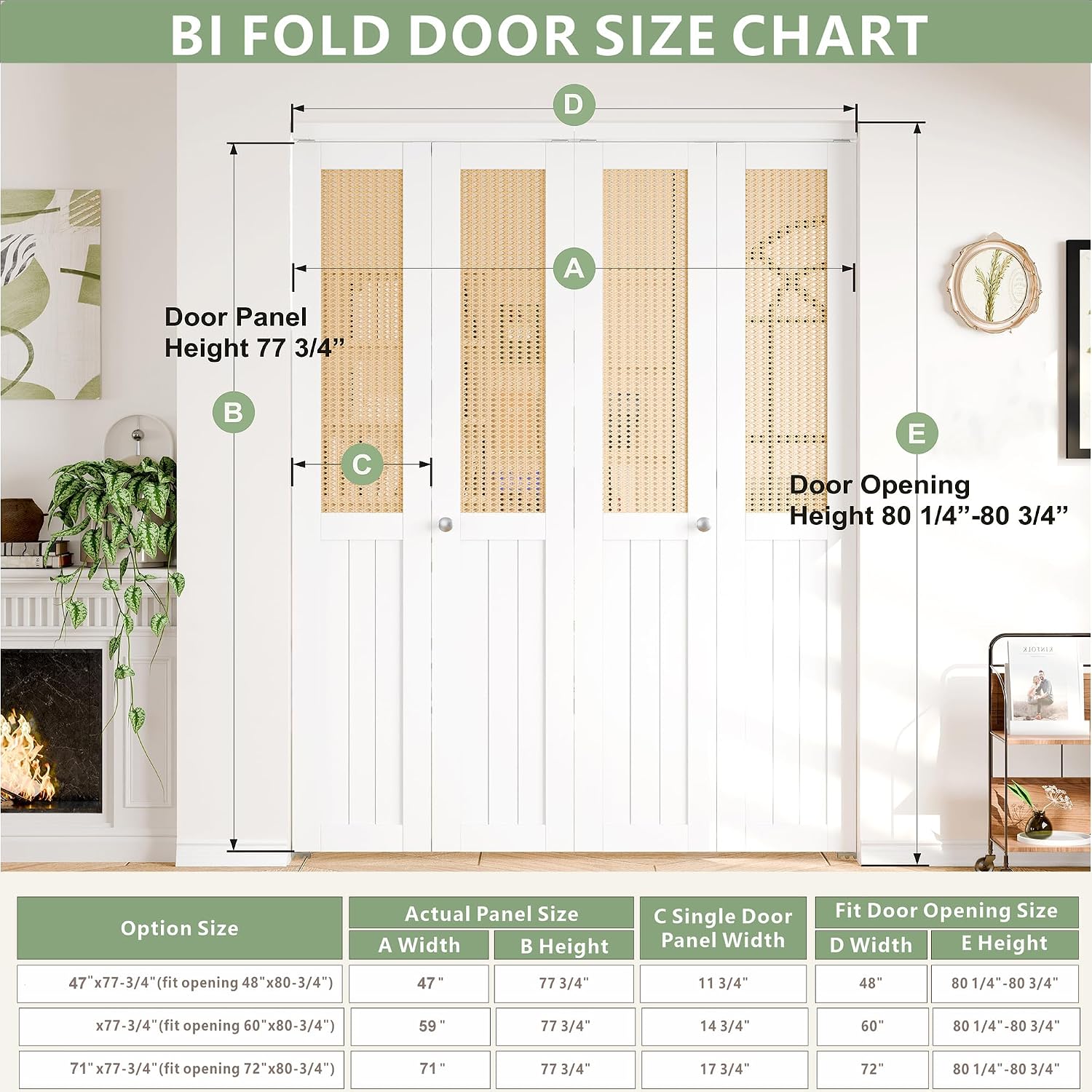 Bifold Door for 48" x 80" Opening, Preassembled Faux Cane Webbing Folding Door with Hardware Kit, MDF Surface, Interior Door Panel for Closet, Pantry & Laundry