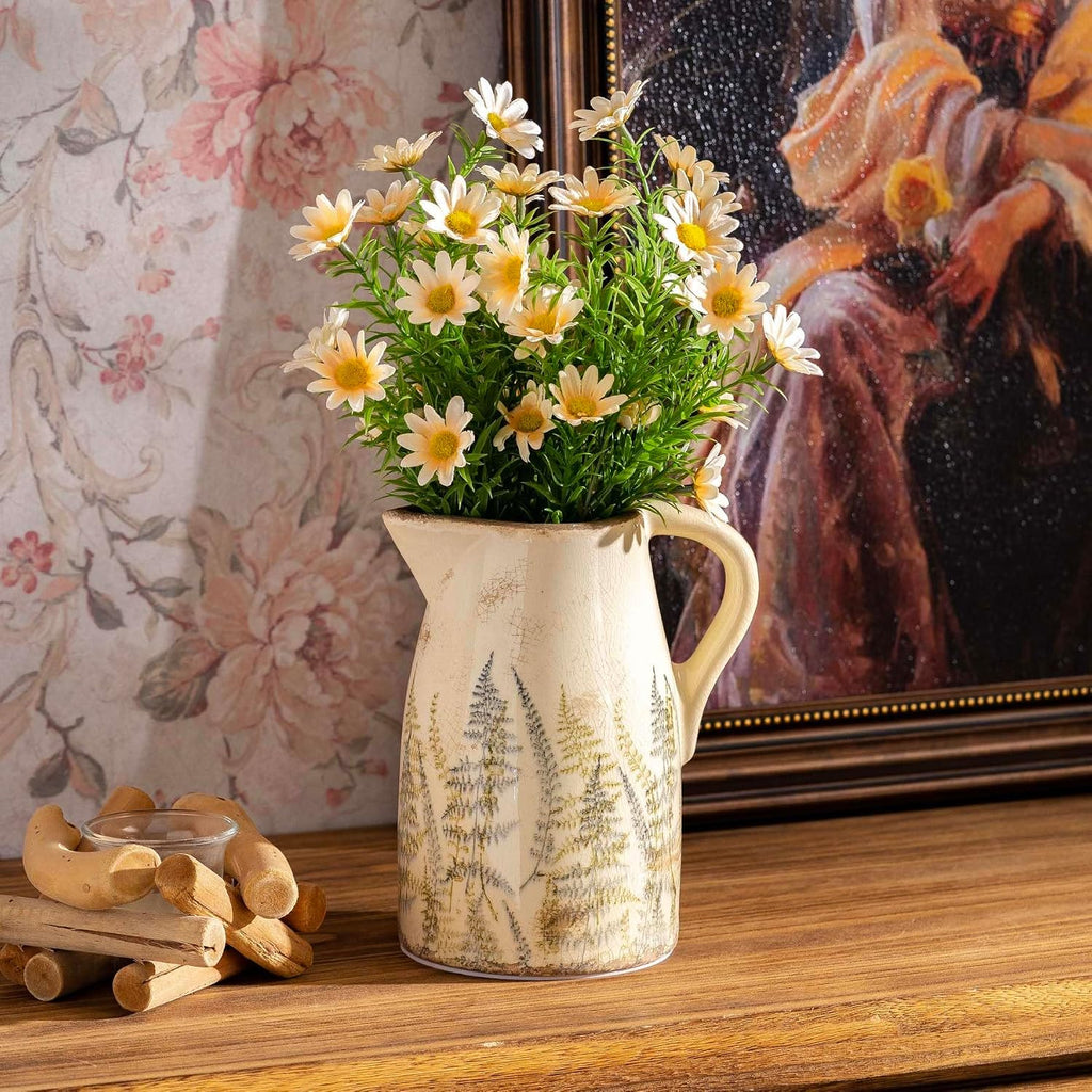 Vintage Ceramic Pitcher Vase with Handle 7.3”, Green & Purple Floral Farmhouse Vase, French Country Decorative Centerpiece for Living Room, Bookshelf
