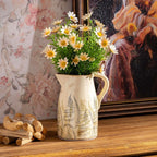 Vintage Ceramic Pitcher Vase with Handle 7.3”, Green & Purple Floral Farmhouse Vase, French Country Decorative Centerpiece for Living Room, Bookshelf