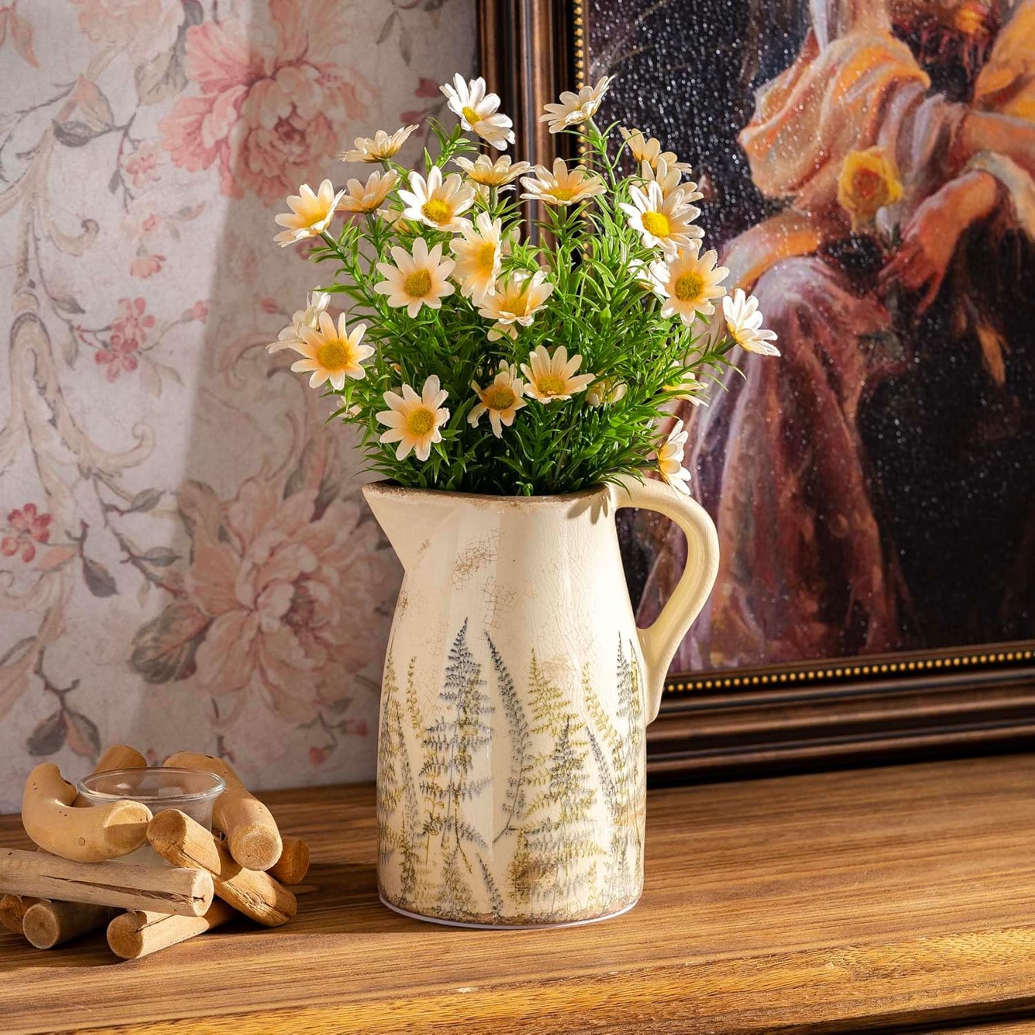 Vintage Ceramic Pitcher Vase with Handle 7.3”, Green & Purple Floral Farmhouse Vase, French Country Decorative Centerpiece for Living Room, Bookshelf