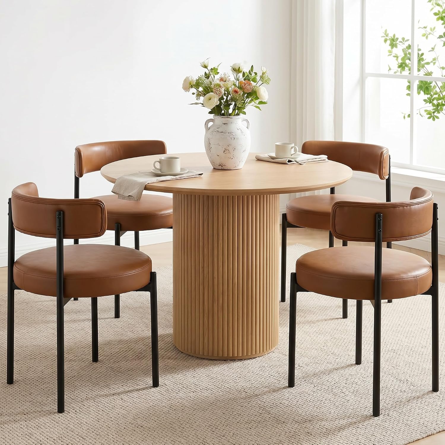 Faux Leather Dining Chairs Set of 6, Mid Century Modern Dining Room Chairs with Barrel Backrest, Upholstered Brown Kitchen Chairs for Dining Room, Restaurant