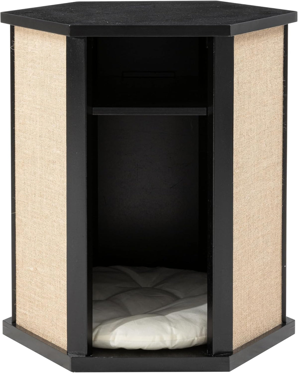 COZAYH Modern Cat House End Table with Sisal Scratching Panels, Hidden Cat Bed Side Table with Removable Washable Cushion, Pine Wood, Cat Condo Nightstand, Easy to Clean, Multifunctional, Black