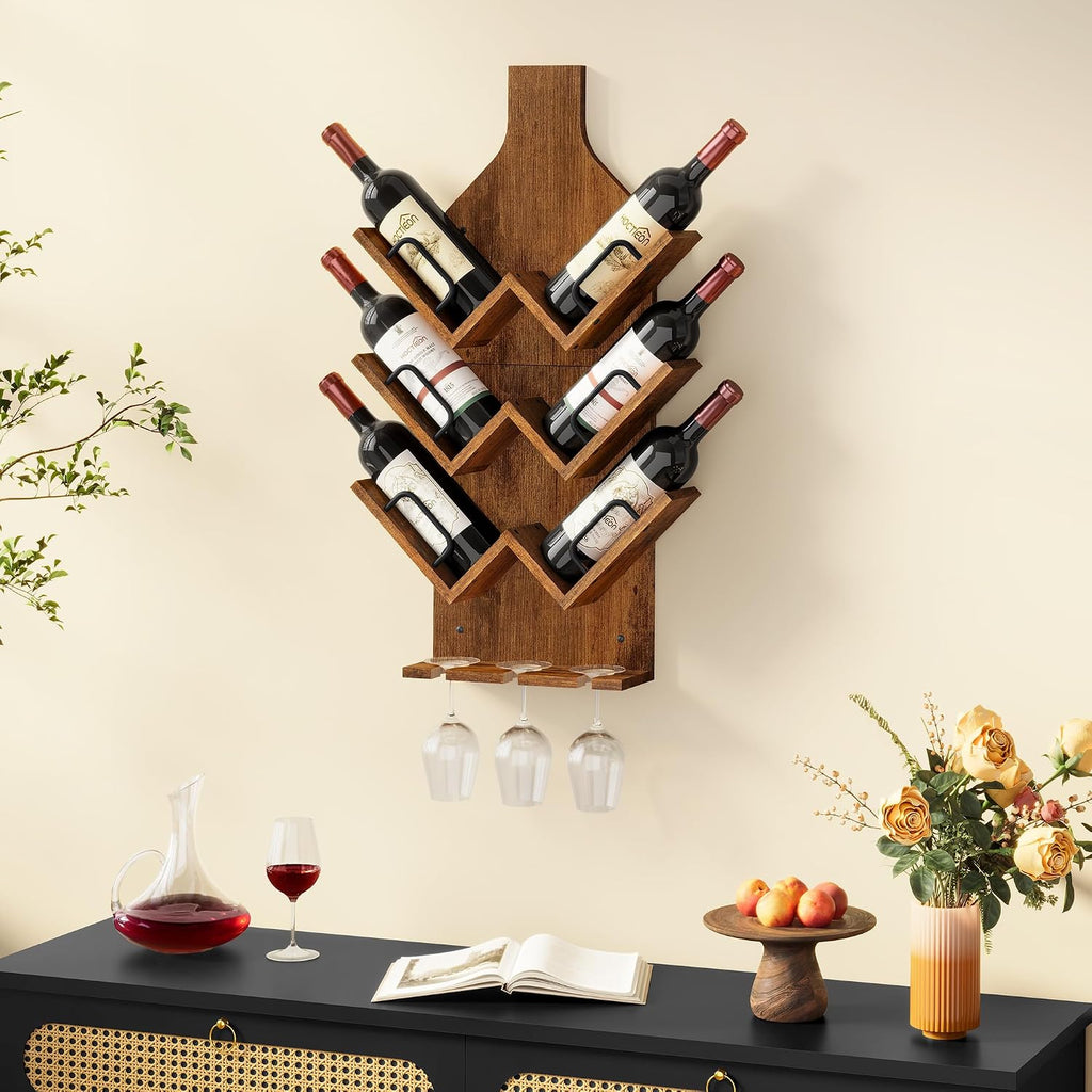 Hoctieon Wine Rack Wall Mounted, 6 Bottles Wood Wine Rack for Display and Storage, Hanging Bottle Holder Bar Shelves for Living Room, Kitchen, Dining Room, Wine Cellar, Rustic Brown